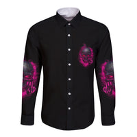 Black long-sleeve button shirt with pink/purple skull print on chest pocket.