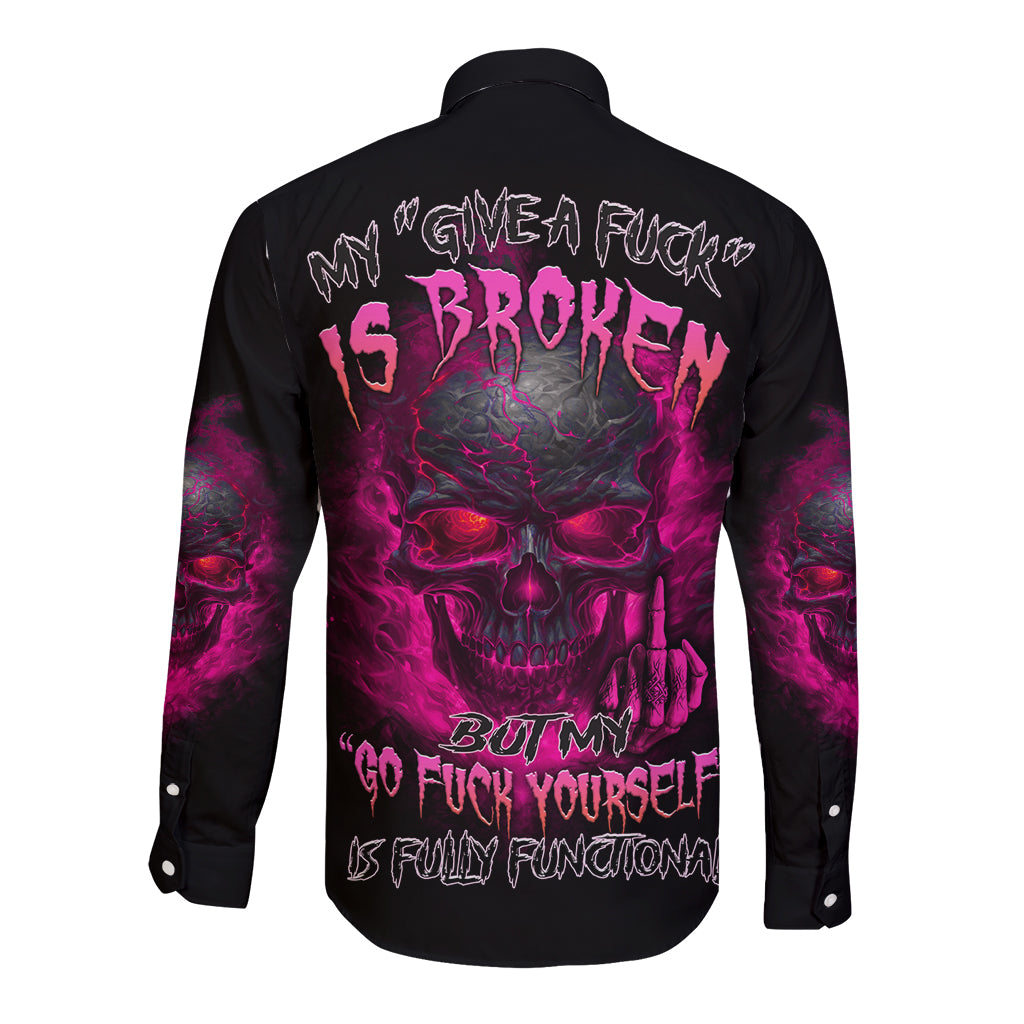 Black long-sleeve button shirt, back skull graphic in pink/purple.