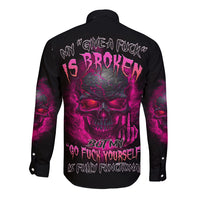 Black long-sleeve button shirt, back skull graphic in pink/purple.