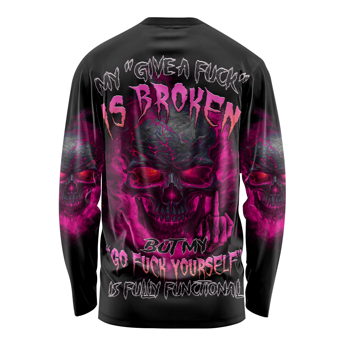 Black long-sleeve shirt with pink skull back graphic and text, crew neck