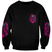 Unisex black sweatshirt with small skull graphic front and magenta sleeve designs
