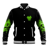 Black varsity jacket with green skull patch, button front, and ribbed striped cuffs