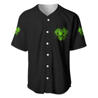 Black baseball jersey with button placket and small neon green skull chest graphic