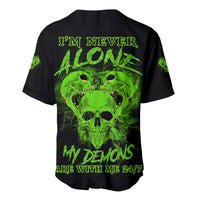 Black baseball jersey with neon green skull and demon graphic on front