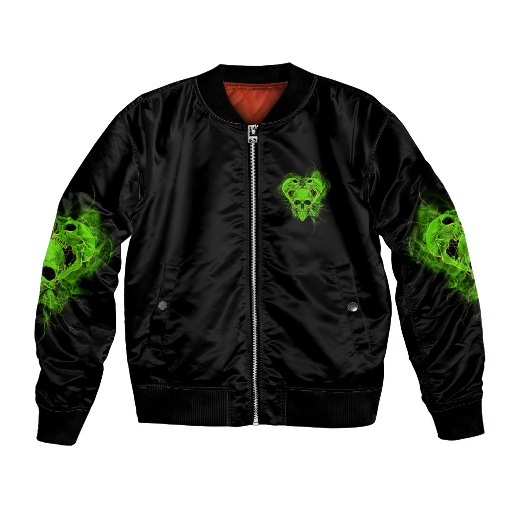 Black bomber jacket with front zip and neon green skull patch, orange lining