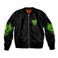 Black bomber jacket with front zip and neon green skull patch, orange lining