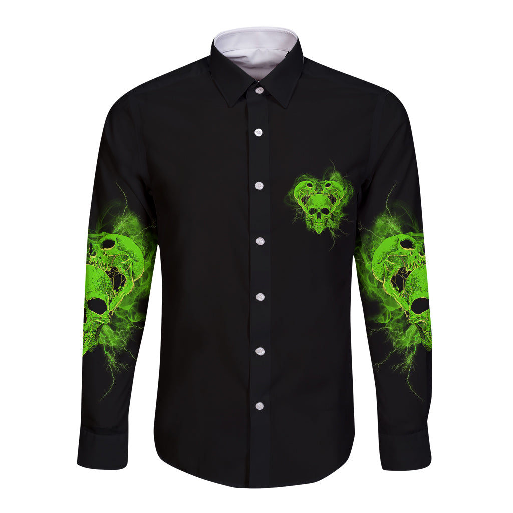 Black long-sleeve button shirt with neon green skull face and sleeve prints