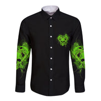 Black long-sleeve button shirt with neon green skull face and sleeve prints