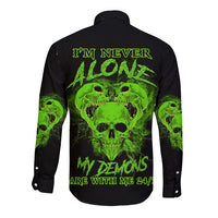Black long-sleeve button shirt with neon green skull demon graphic, back print