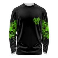 Black long-sleeve shirt with small green skull on chest and sleeve graphics