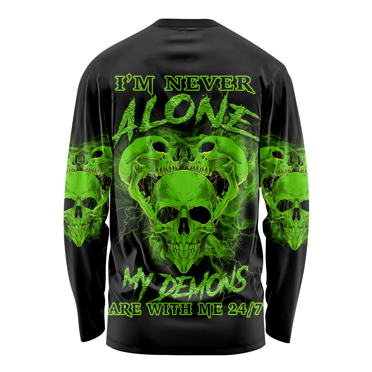 Black long-sleeve shirt with green skull graphic and warning text on back
