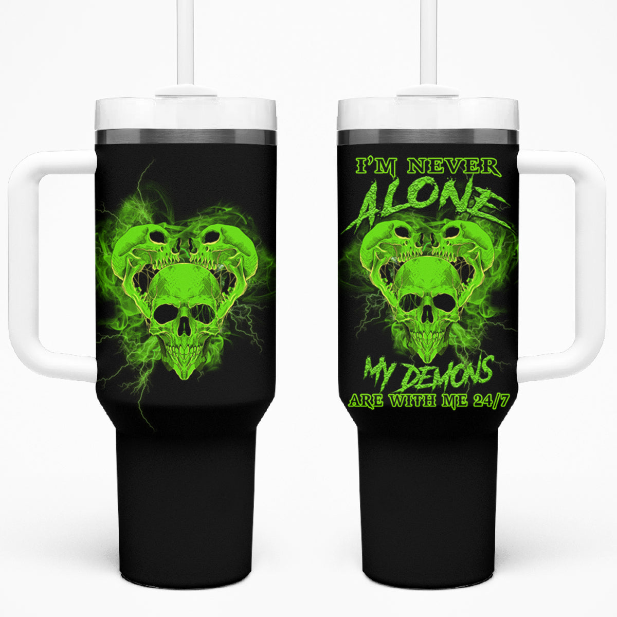 I'm Never Alone Skull Demon Tumbler With Handle