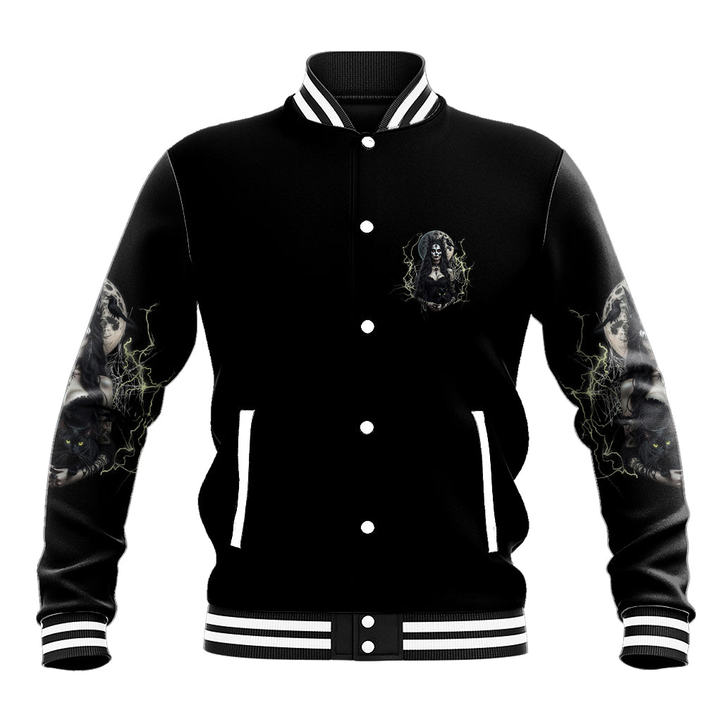 Black witch baseball jacket with snap buttons, striped trim, and skull emblem front