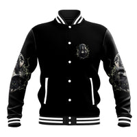 Black witch baseball jacket with snap buttons, striped trim, and skull emblem front