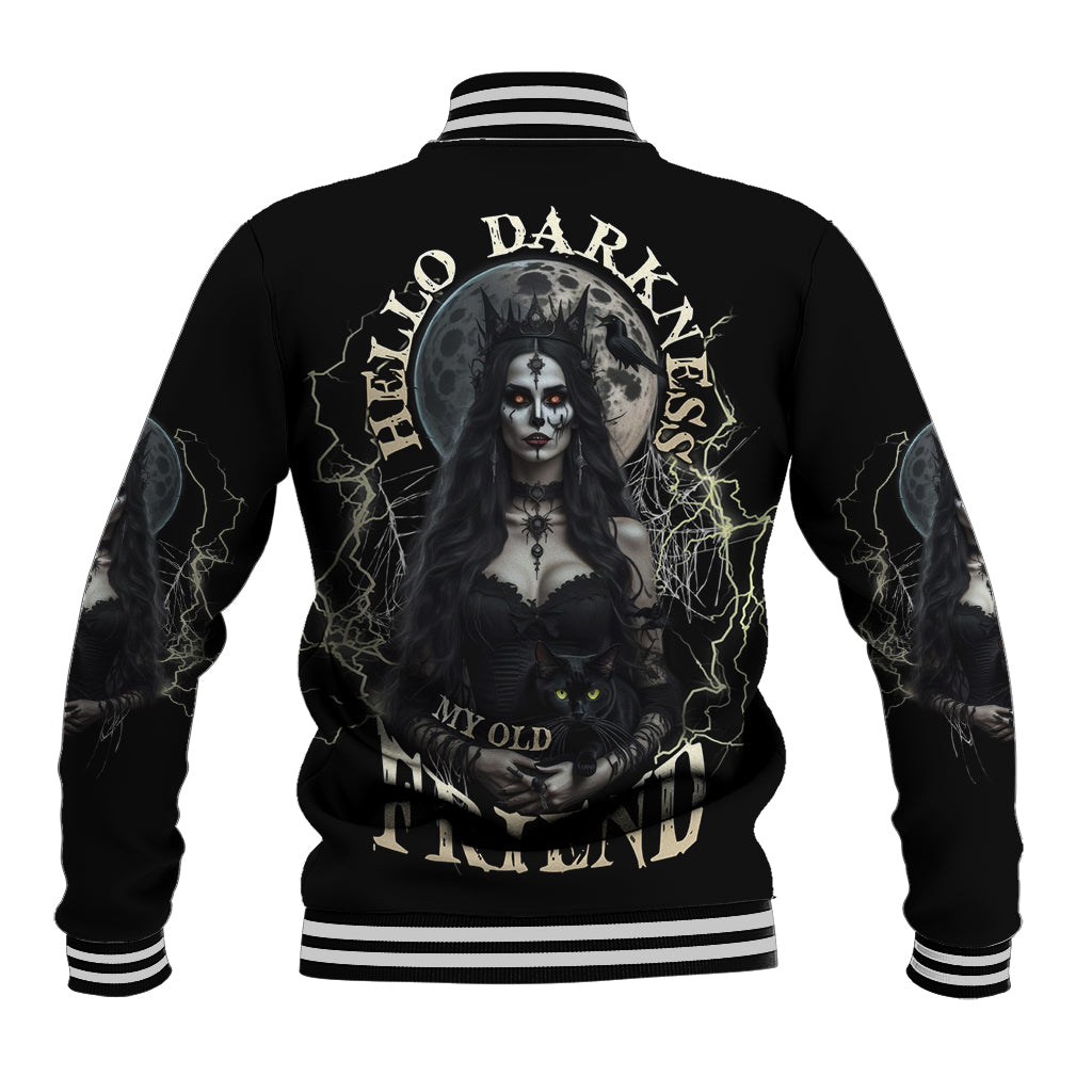 Black witch baseball jacket with striped collar and cuffs; large back skull graphic