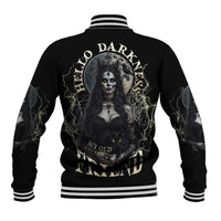 Black witch baseball jacket with striped collar and cuffs; large back skull graphic