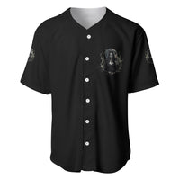 Black baseball jersey with button front and small witch emblem on left chest