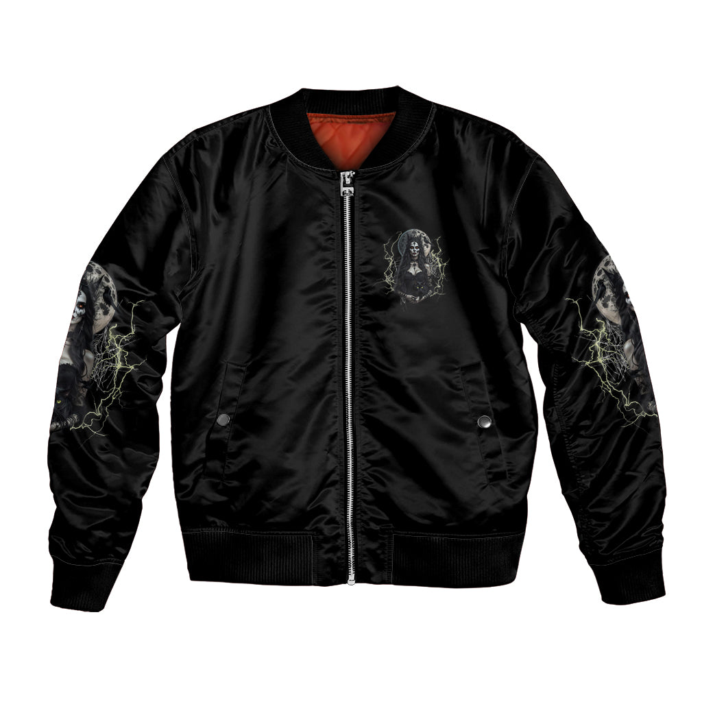 Halloween witch bomber jacket, black satin front with zip and small witch patch