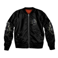 Halloween witch bomber jacket, black satin front with zip and small witch patch