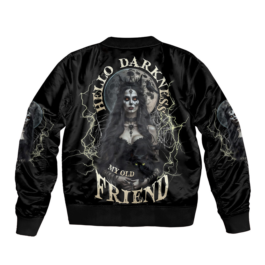 Halloween witch bomber jacket, black satin with back graphic and lightning text