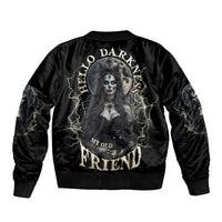 Halloween witch bomber jacket, black satin with back graphic and lightning text