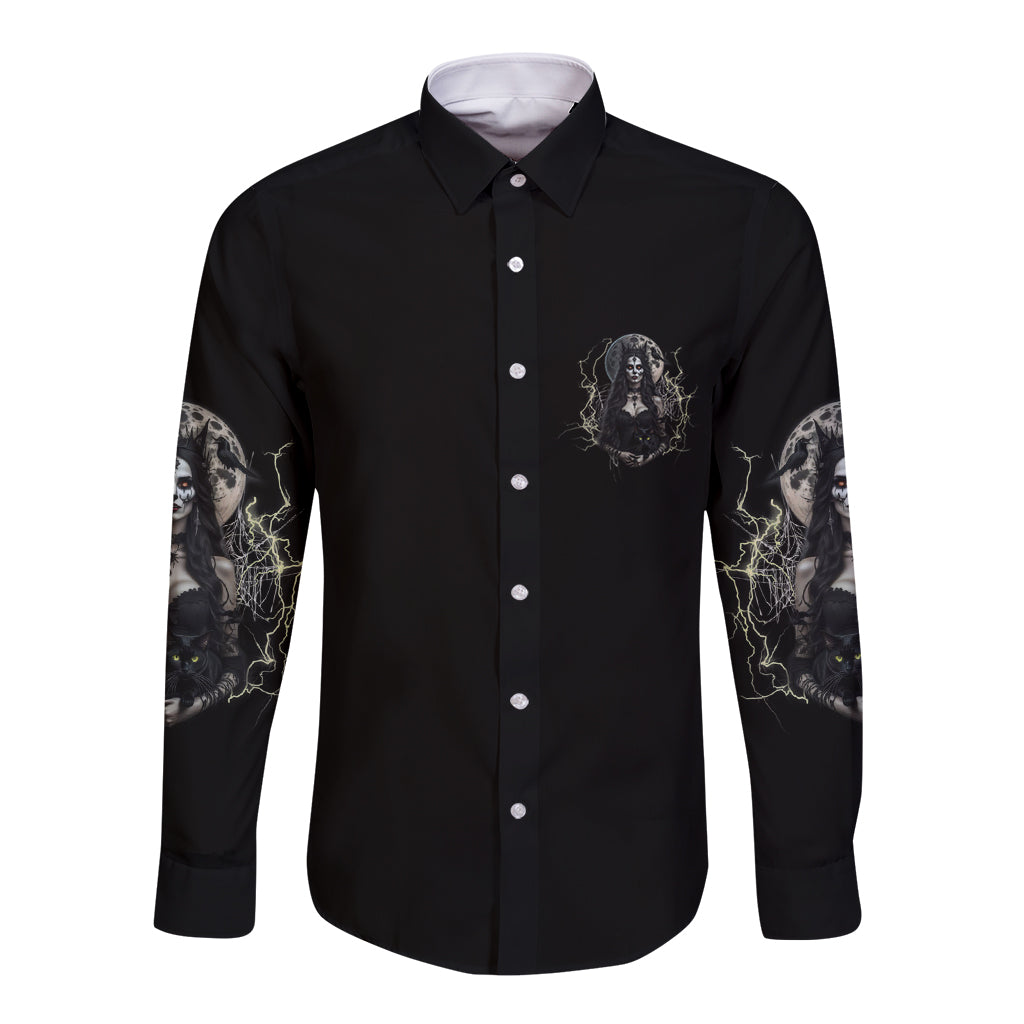 Black long-sleeve button shirt with small chest witch emblem and sleeve artwork
