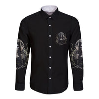 Black long-sleeve button shirt with small chest witch emblem and sleeve artwork