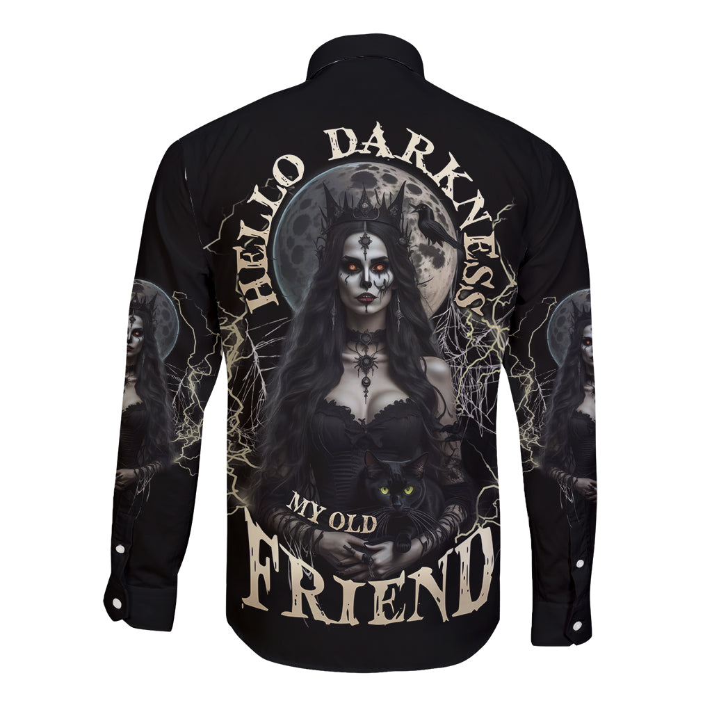 Black long-sleeve button shirt with large witch graphic on back