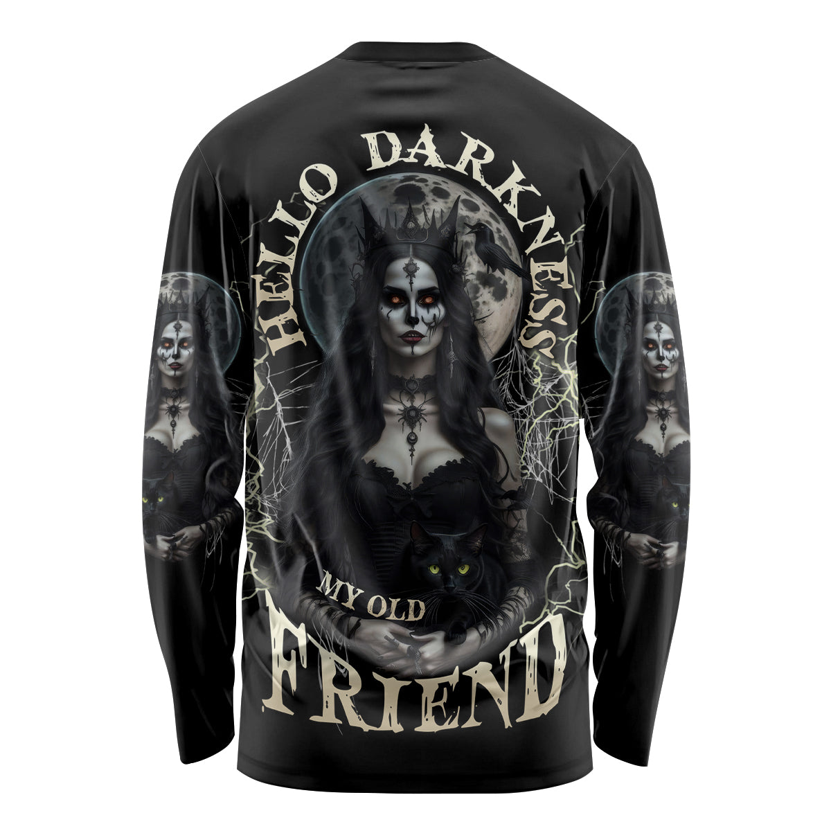 Black long-sleeve witch graphic T-shirt, back skull and “My Old Friend” print.