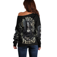 Women’s off-shoulder black Halloween sweatshirt with large back “friend” skull graphic