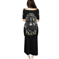 Halloween witch long dress, black with skull back print and short sleeves