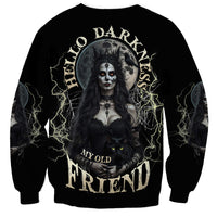 Unisex black sweatshirt with witch face graphic and lightning-style text on front