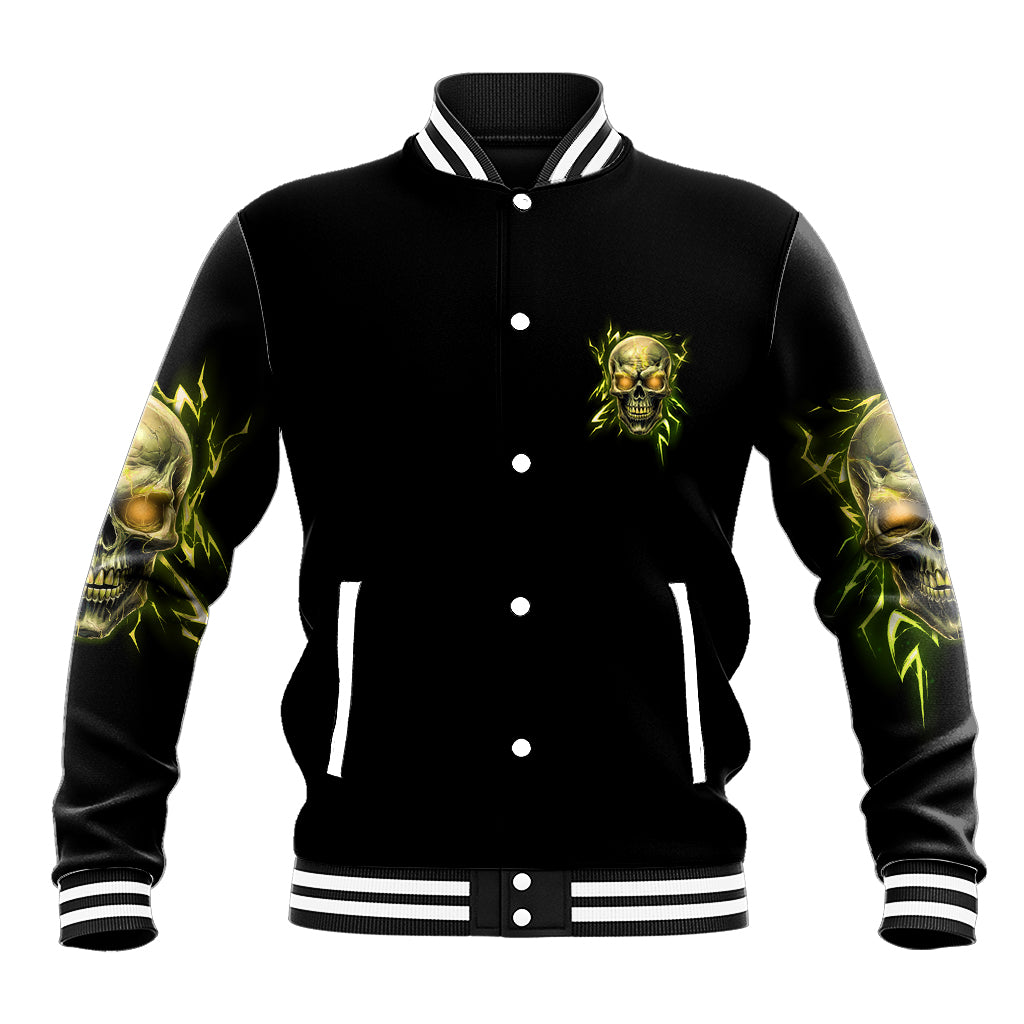 Black unisex baseball jacket with green skull chest logo, snap buttons, and neon sleeve art
