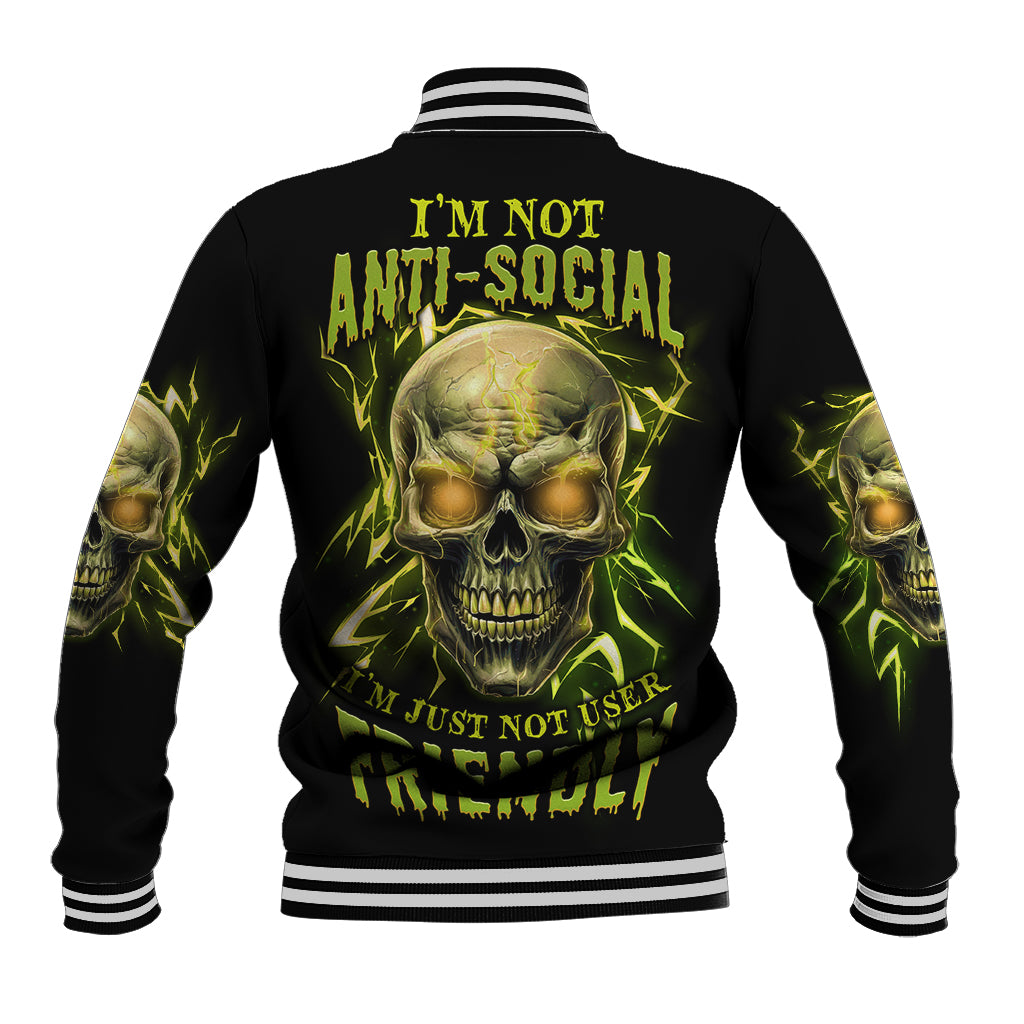 Black unisex baseball jacket with neon green skull graphic on back and striped ribbed cuffs