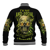 Black unisex baseball jacket with neon green skull graphic on back and striped ribbed cuffs