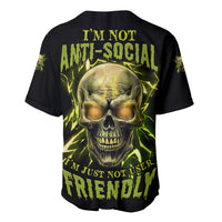 Black baseball jersey with neon skull graphic and ANTI-SOCIAL lettering