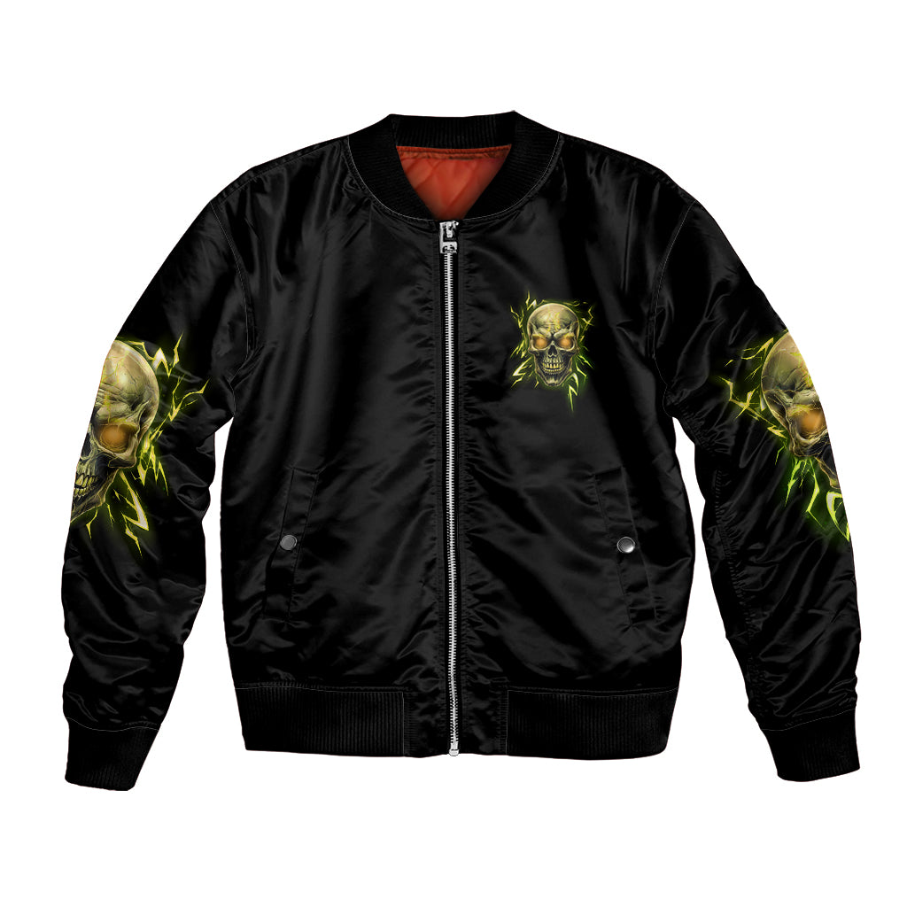 Unisex black bomber jacket with front zipper, green skull logo, and neon sleeve art