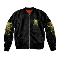 Unisex black bomber jacket with front zipper, green skull logo, and neon sleeve art