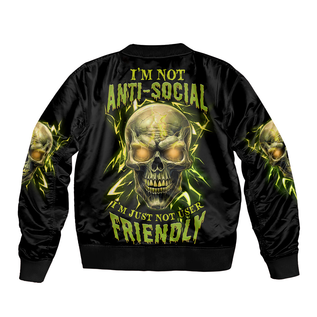 Unisex black bomber jacket with neon skull graphic and green text on back