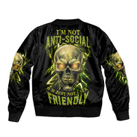 Unisex black bomber jacket with neon skull graphic and green text on back