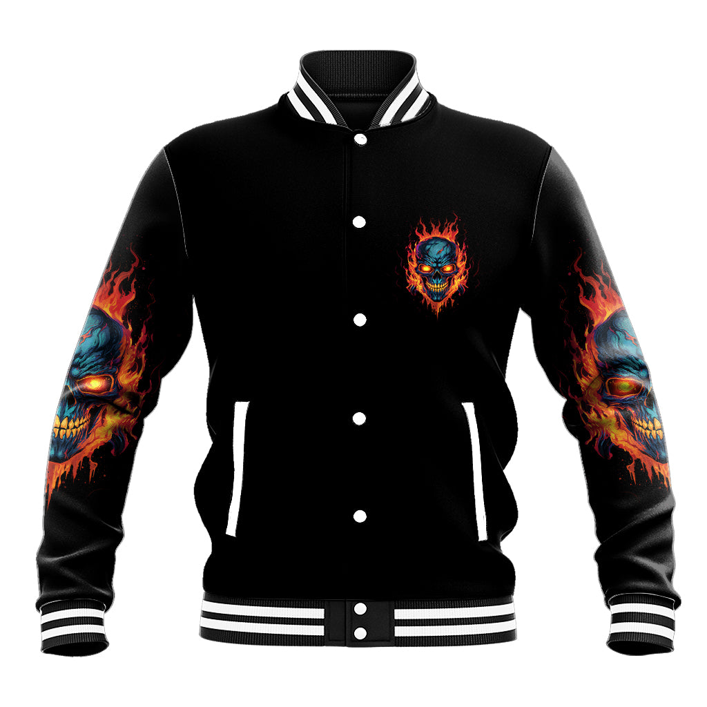 Black varsity jacket with flame skull button-front emblem and striped ribbed cuffs