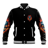 Black varsity jacket with flame skull button-front emblem and striped ribbed cuffs