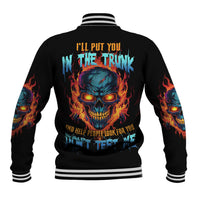 Black baseball jacket with flame skull graphic on back and striped ribbed collar
