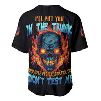 Black baseball jersey with fiery blue skull graphic and colorful back lettering