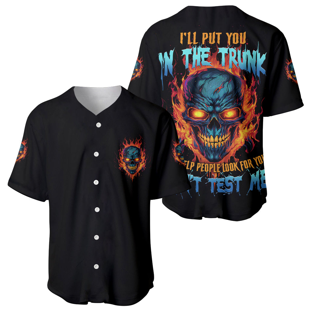 Black baseball jerseys: button-front skull emblem and large back flame-skull print