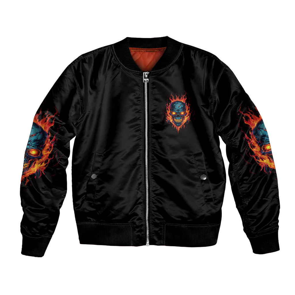 Black bomber jacket, front zip with blue skull emblem, flame sleeves and ribbed cuffs