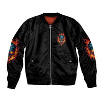 Black bomber jacket, front zip with blue skull emblem, flame sleeves and ribbed cuffs