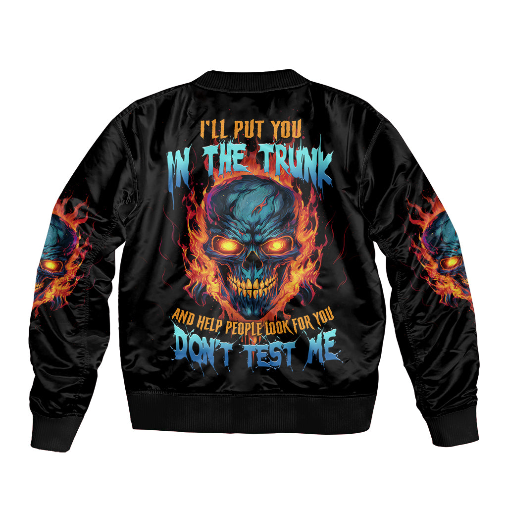 Black bomber jacket with back skull graphic, flames and ribbed hem cuffs