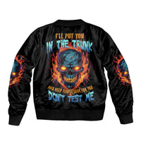 Black bomber jacket with back skull graphic, flames and ribbed hem cuffs