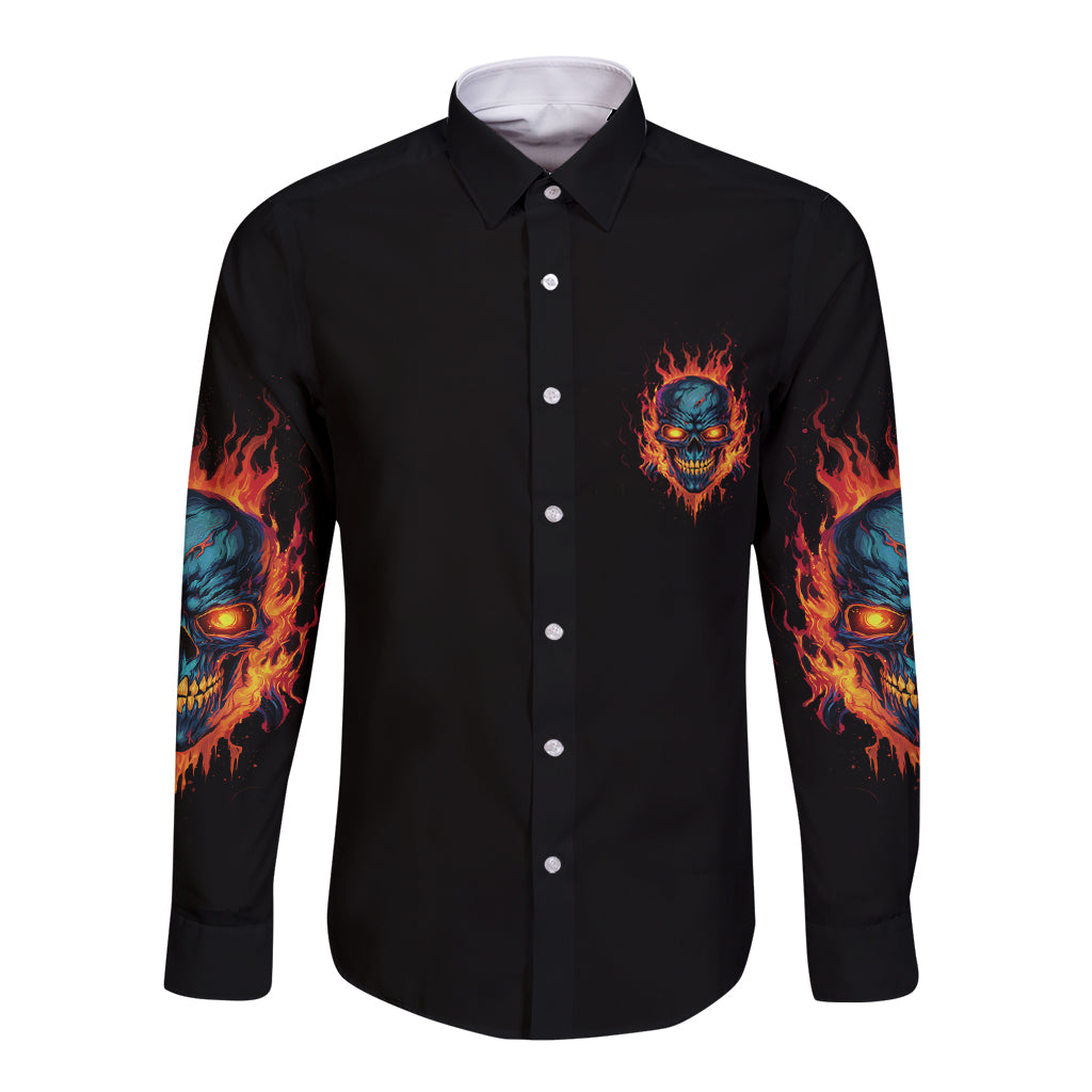 Black long-sleeve button shirt with small fiery skull chest print and blue flame cuffs